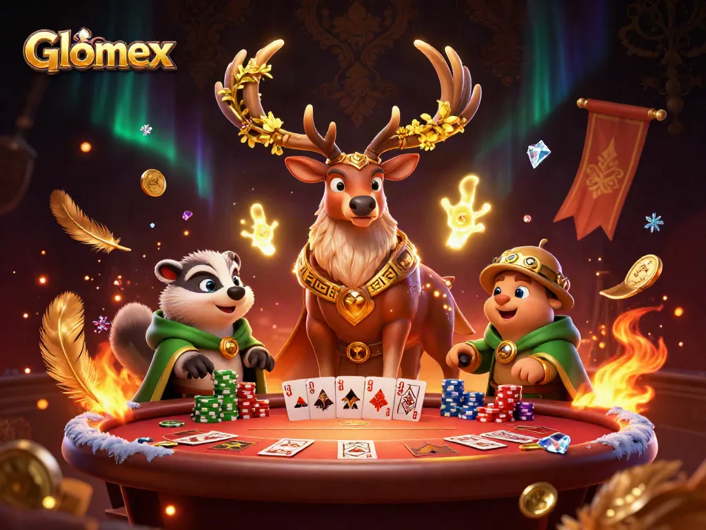 Spin to win with Glomex's enchanting casino scene featuring a Celtic stag and rich gambling elements.