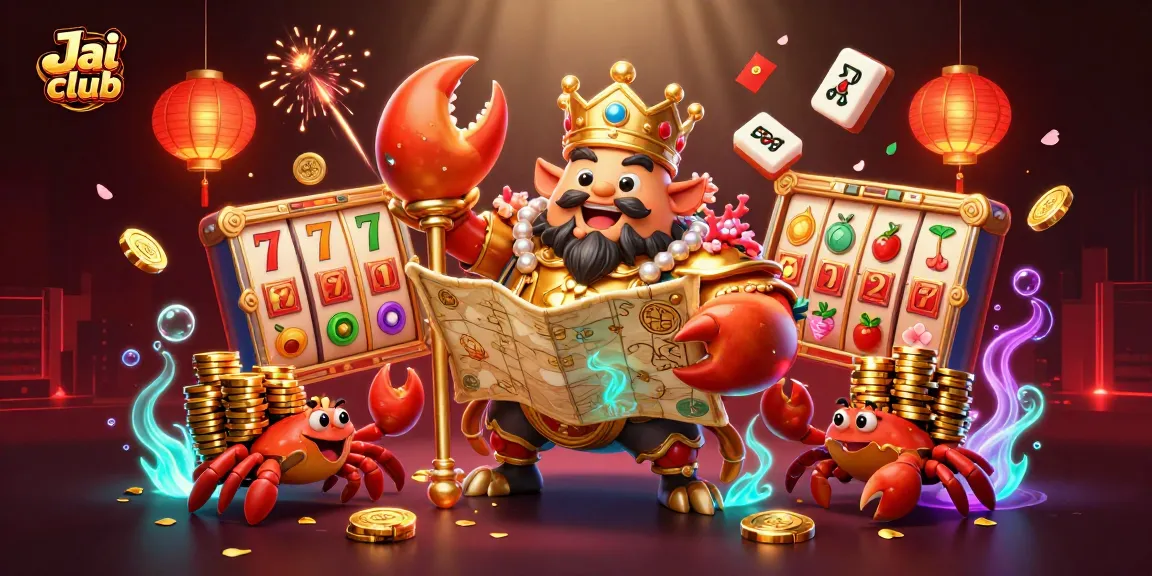 Engaging Jai club scene with a golden crab emperor amidst vibrant casino elements like slot reels and jackpots.