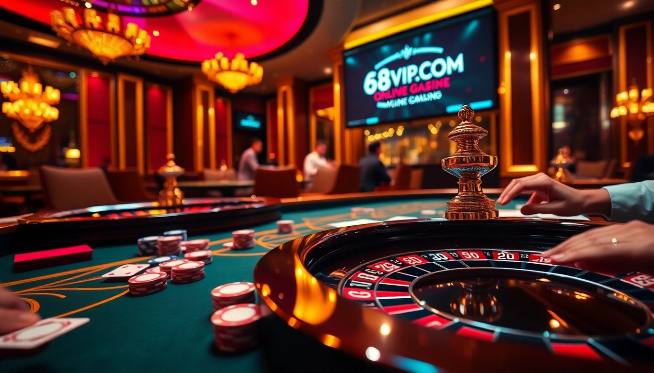 A vibrant casino table scene featuring poker chips and cards with 68VIP.COM branding, showcasing an upscale gambling atmosphere.