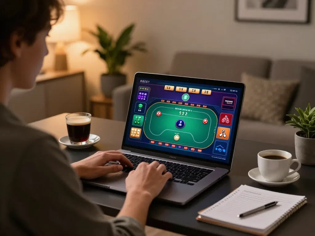 Player engaging in an online LC88 poker game with strategy notes visible, showcasing comfortable gaming.