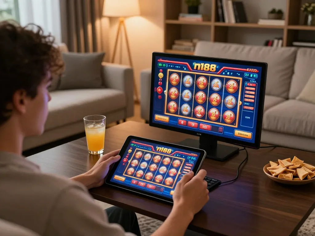 The player enjoying the n188 game on a tablet with cozy home setup and engaging ambiance.