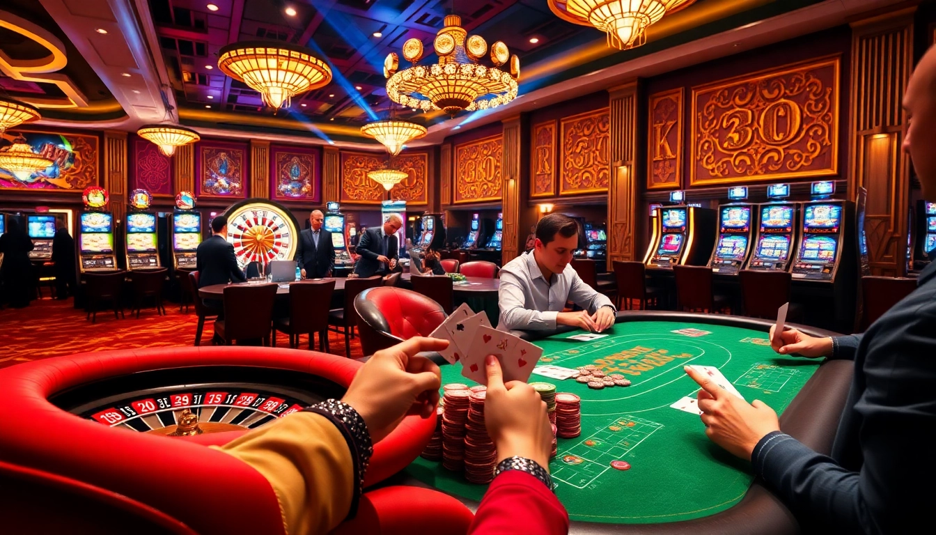 Experience the thrill of a casino at 5z7772 com, featuring vibrant poker tables and spinning roulette wheels.