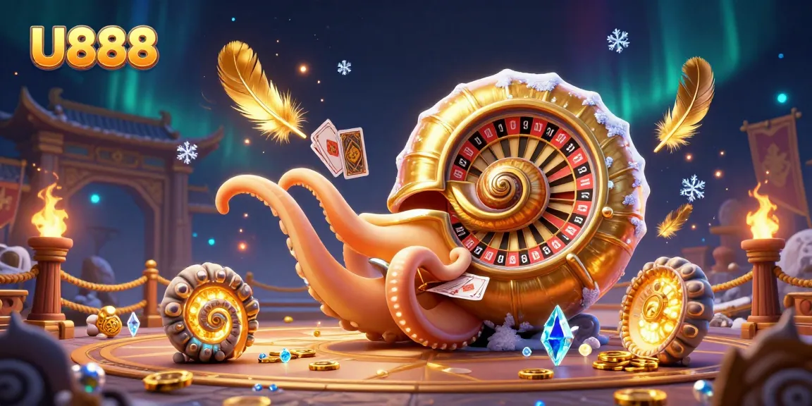 Engage with U888's exhilarating online gaming experience featuring dynamic casino elements and a majestic nautilus.