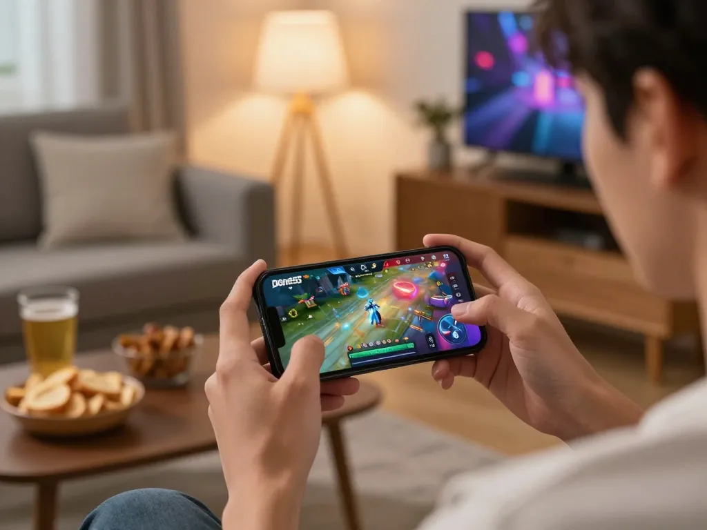 Engage with the exciting done55 game on smartphone in a cozy home setting.