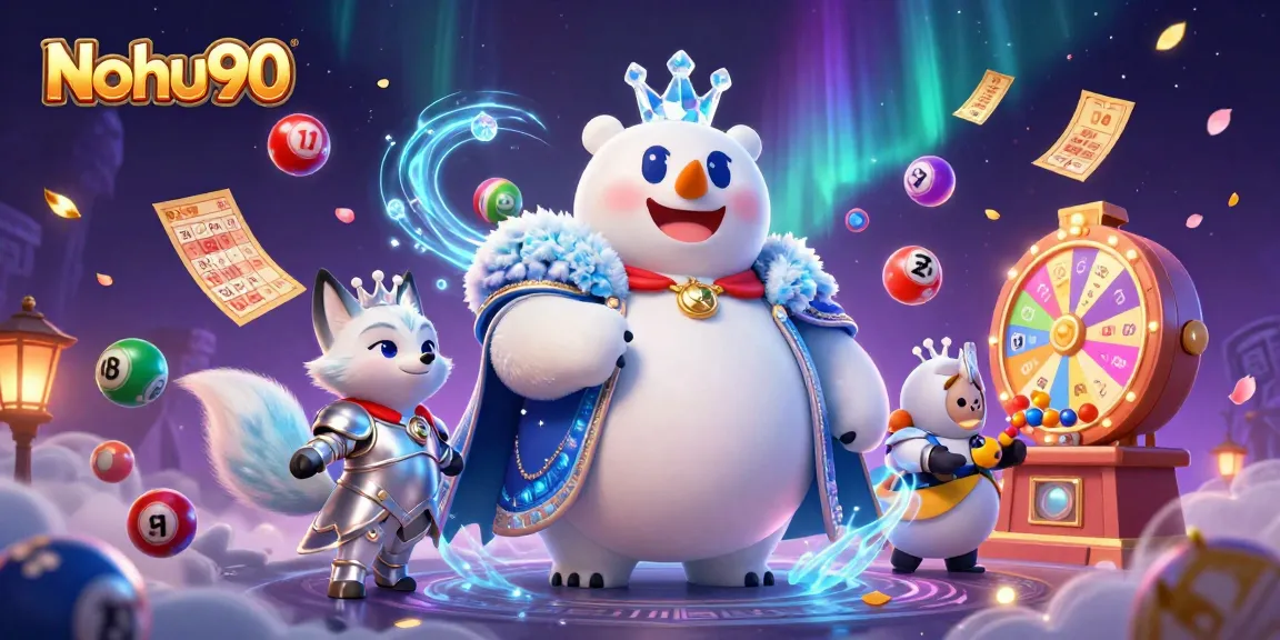 Nohu90 engages players with a vibrant 3D casino scene featuring a polar bear king and a snow fox, surrounded by colorful lottery elements.