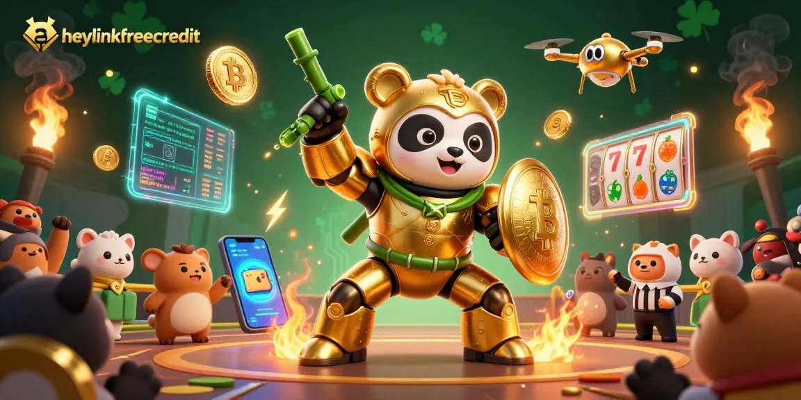 Engage with heylinkfreecredit in 3D casino action featuring a mech-suit panda amidst vibrant gambling elements.