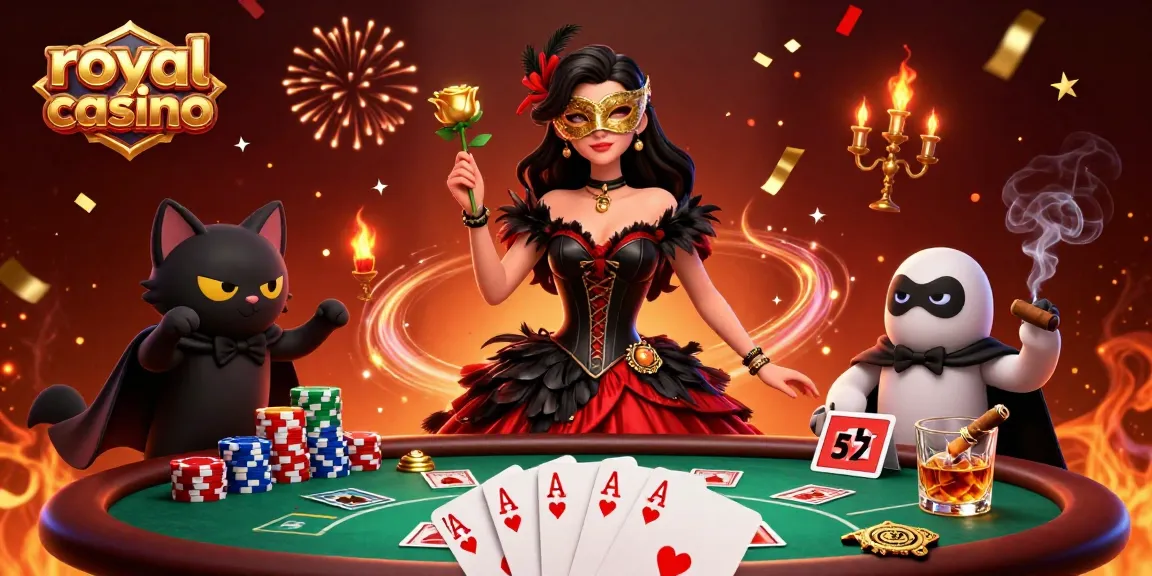 Experience royal casino thrills with a stunning illustration showcasing poker games, vibrant characters, and dynamic gaming elements.