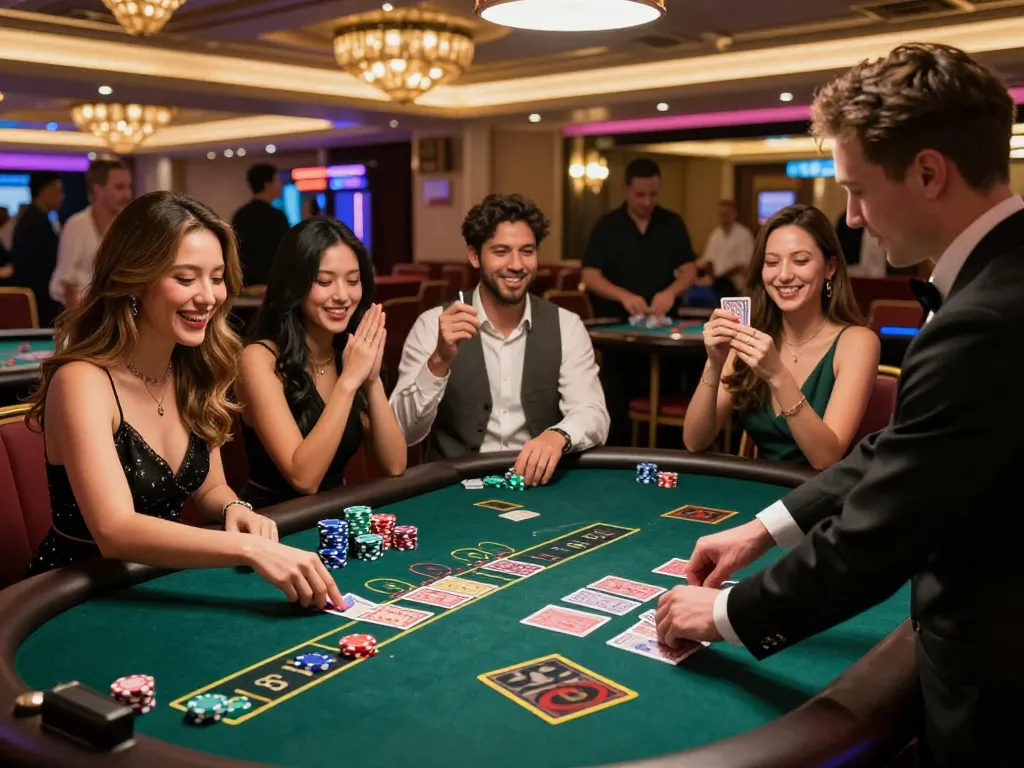 Friends enjoying free credit baccarat at an exciting casino table with colorful chips and cards.