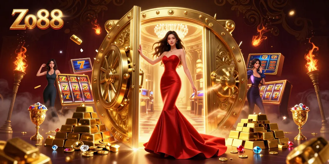 Win big at Zo88 casino featuring an Asian woman in a luxurious VIP doorway surrounded by gold.