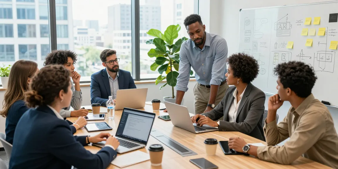 Tim profesional berinteraksi dalam sesi brainstorming di kantor modern menggunakan balak66 untuk kolaborasi.