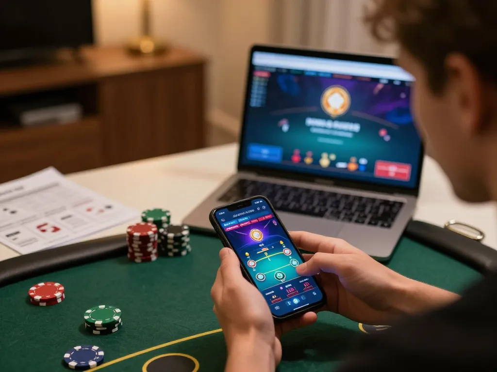 Person engaging with the link fly88 mobile poker app at home with strategy notes and a laptop visible