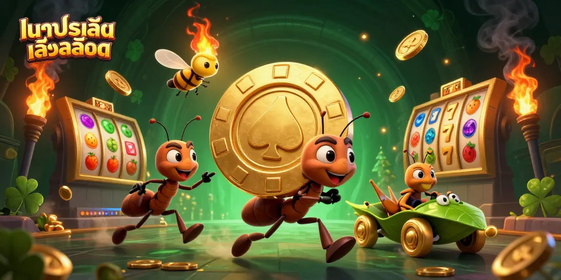 Engage in ทดลองเล่นสล็อต with a dynamic heist by ants carrying a giant poker chip amidst vibrant slot elements.