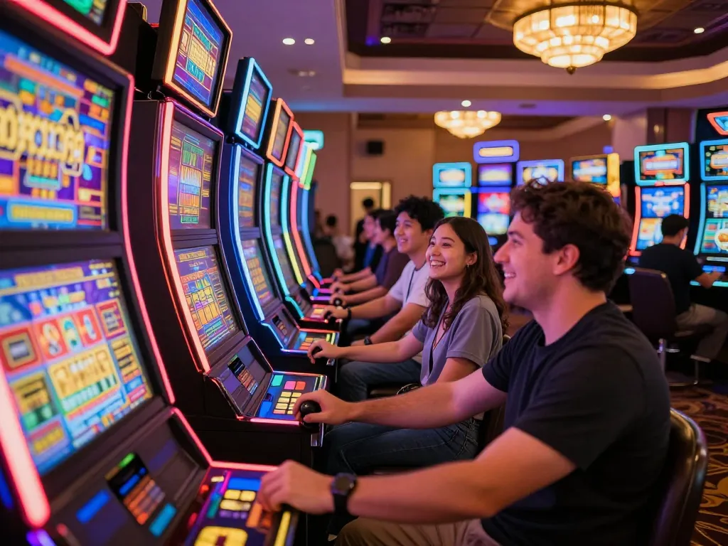 Engaging gameplay at a situs slot area with colorful machines and joyful players in vibrant casino.