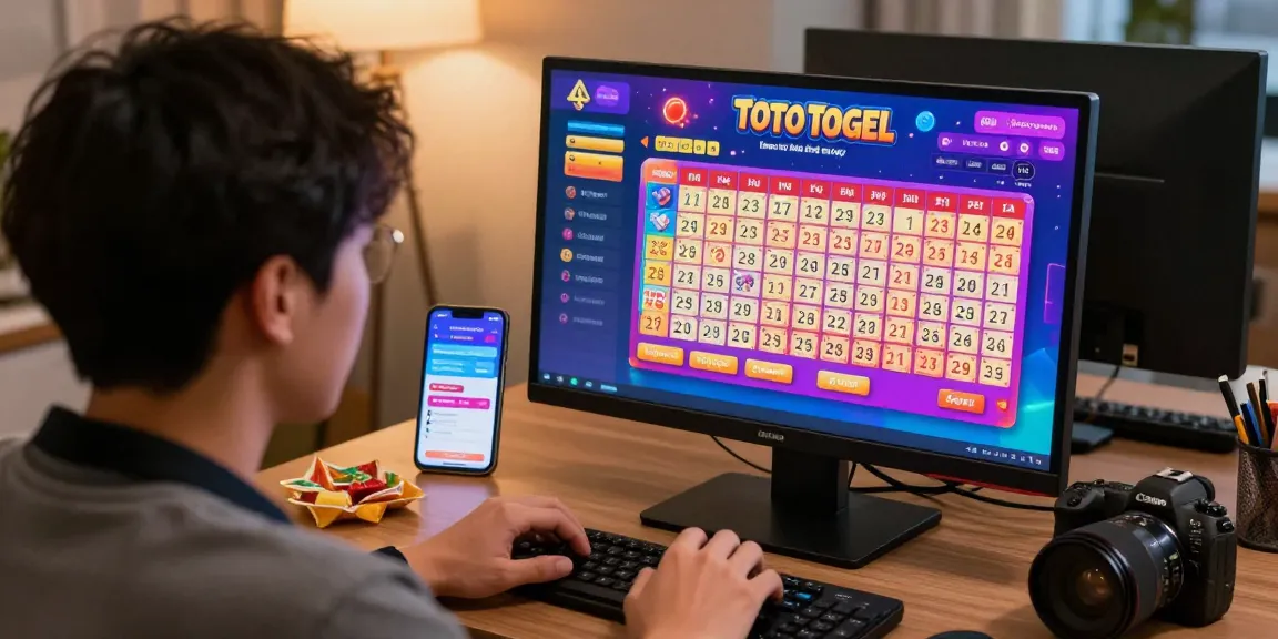 Engaging Toto Togel online gaming scene with a focused player immersed in vibrant lottery graphics.