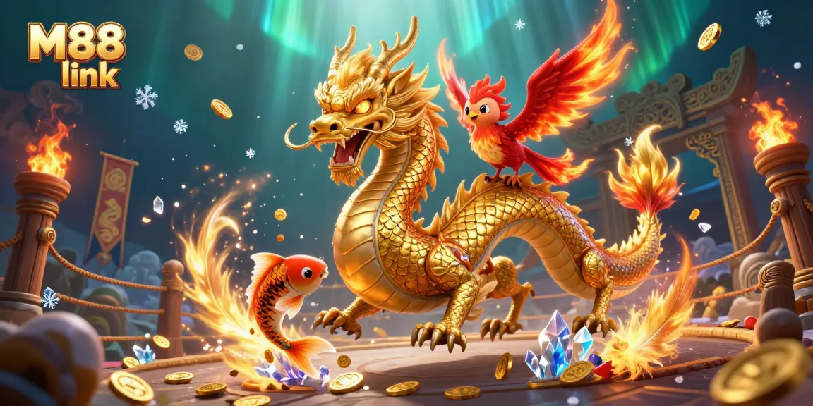 Experience the best M88 link with a golden dragon and phoenix in this vibrant casino scene.