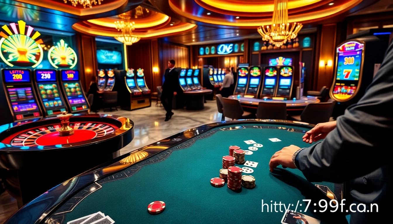Engaged players at a poker table and a spinning roulette wheel at https://789f.fan/, creating a luxurious casino atmosphere.