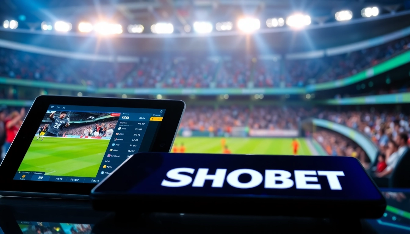 Aksi taruhan SBOBET dengan tampilan digital yang menarik di latar belakang keramaian stadion.