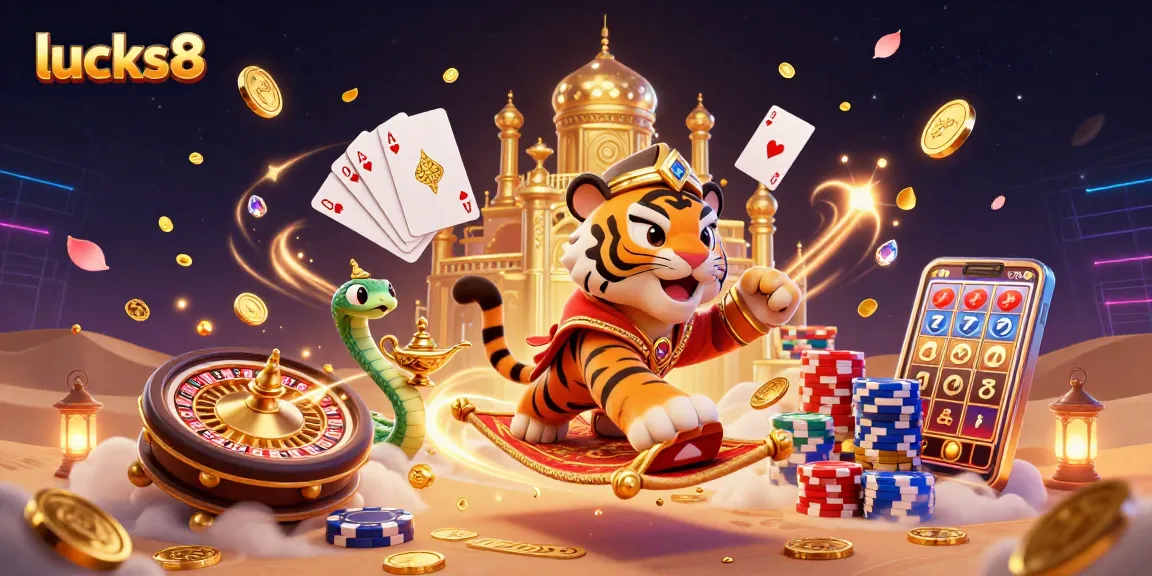 Experience big wins at lucks8 with vibrant casino-themed illustration featuring a sultan and rich gaming elements.