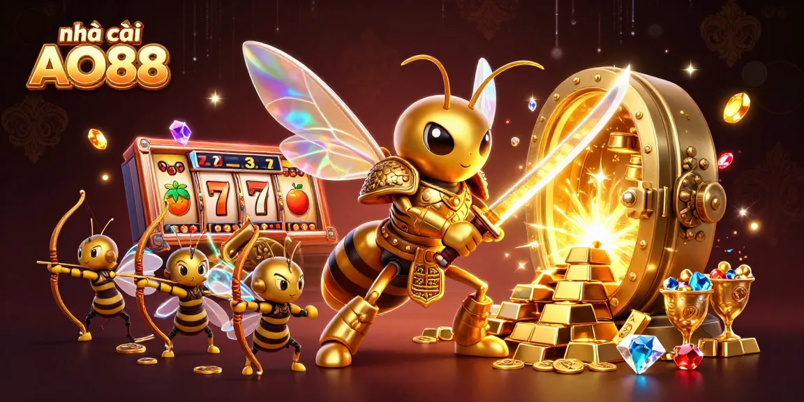 Experience dynamic gaming excitement at nhà cái AO88 with 3D characters around slots and treasures.