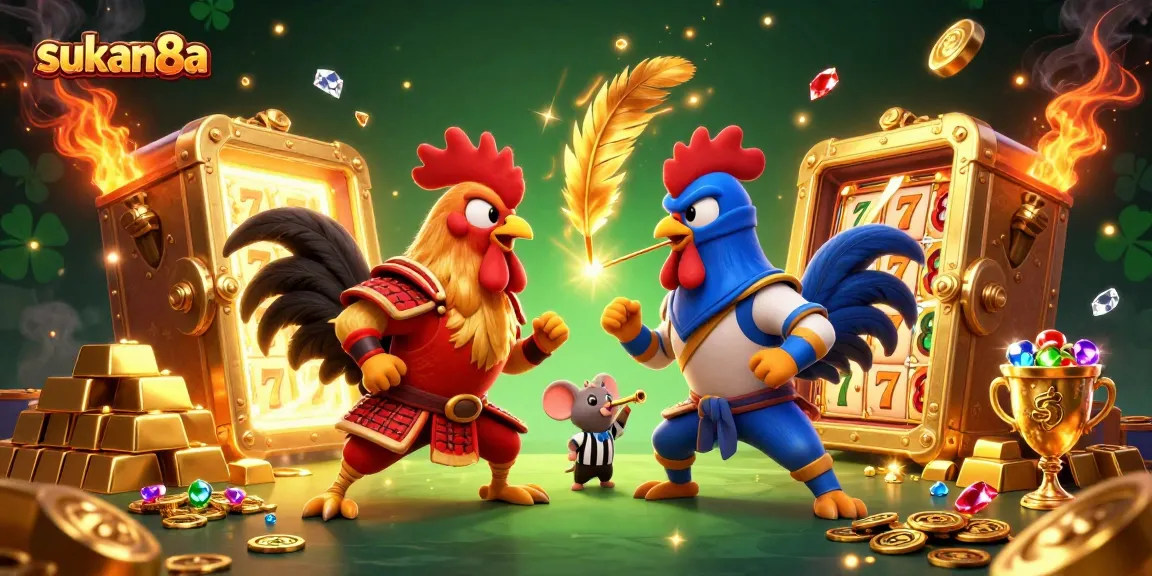 Sukan8a showcases a dramatic duel between twin roosters in a colorful casino setting with golden elements.
