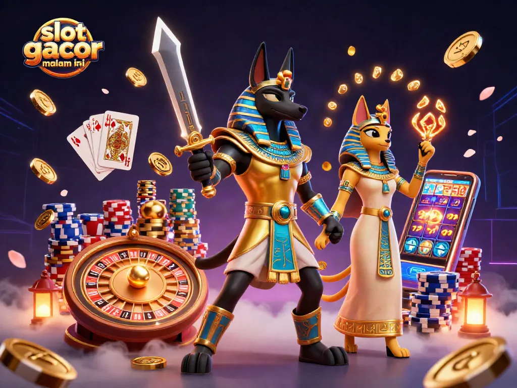 Menangkan slot gacor malam ini dengan tema kasino menakjubkan yang dikelilingi koin emas dan permata.