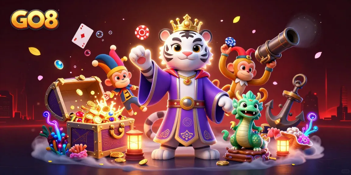 Engage with GO8's thrilling gaming world featuring a cartoon tiger, monkey, and jade dragon amid vibrant casino action.
