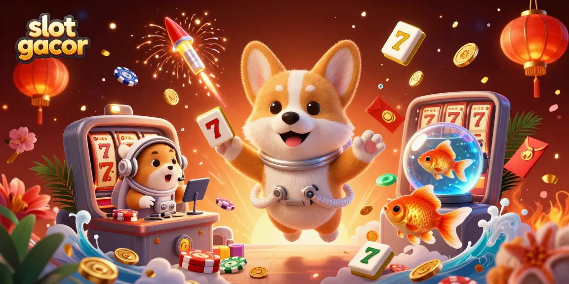 Engage with slot gacor in a vibrant casino scene led by a corgi astronaut surrounded by dynamic elements.