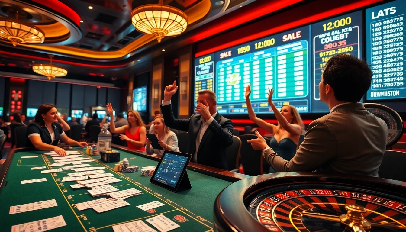 Gamblers engaging in เทคนิคแทงบอล strategies at a vibrant sports betting table, celebrating wins.
