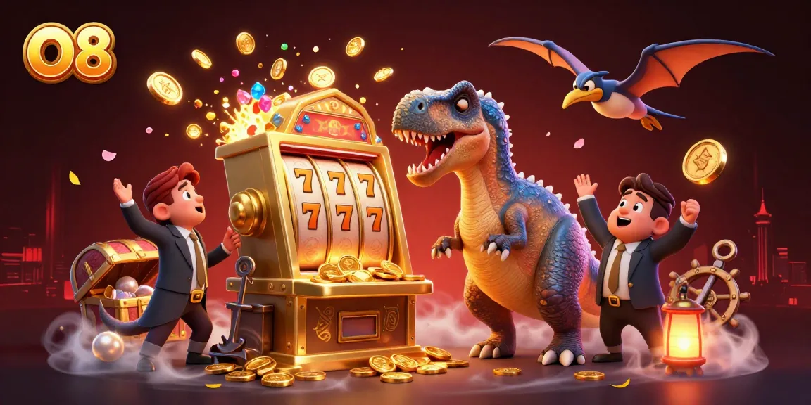 O8 enhances excitement with a thrilling cartoon scene of jackpot coins raining as a dinosaur headbutts a slot machine.