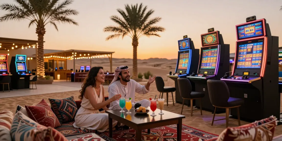 Couple enjoying toto slot gaming at a vibrant desert resort, cocktails and fairy lights create a festive atmosphere.