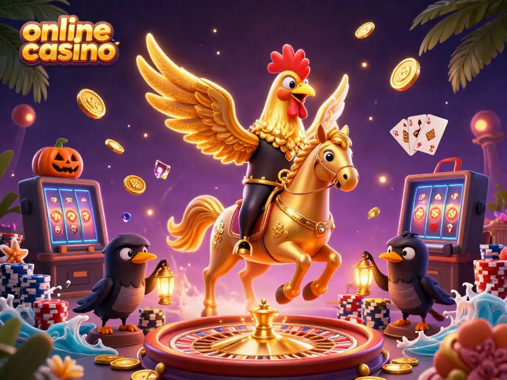 Experience the magic of an online casino with a golden rooster and stunning casino elements.