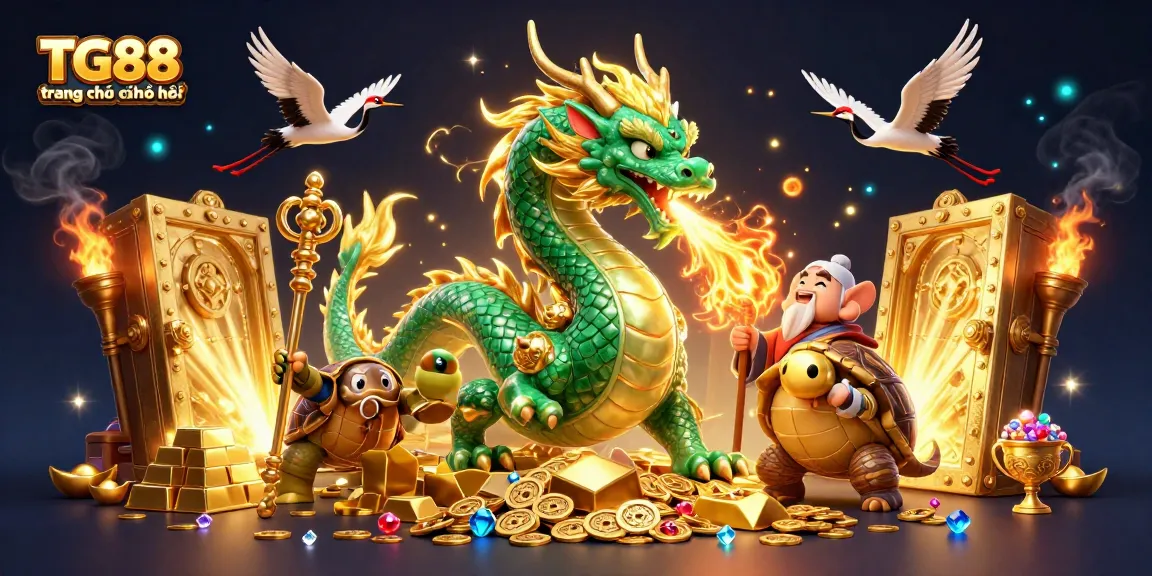 Experience TG88 trang chủ chính thức with a mythical dragon and treasures amidst dynamic casino elements.