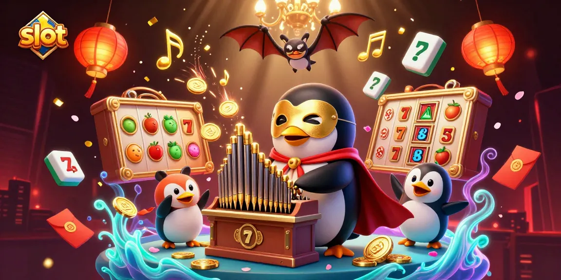 Experience thrilling slot action with a cartoon penguin playing organ, golden coins, and vibrant game elements.