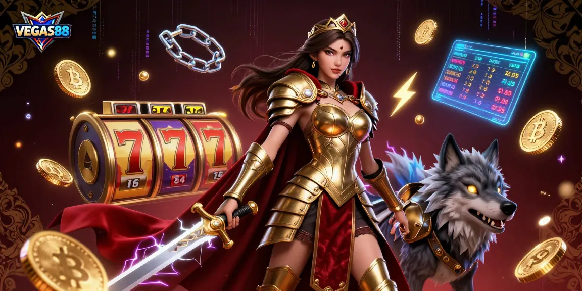Engage with the thrilling world of VEGAS88 as a warrior queen conquers slots with neon energy.