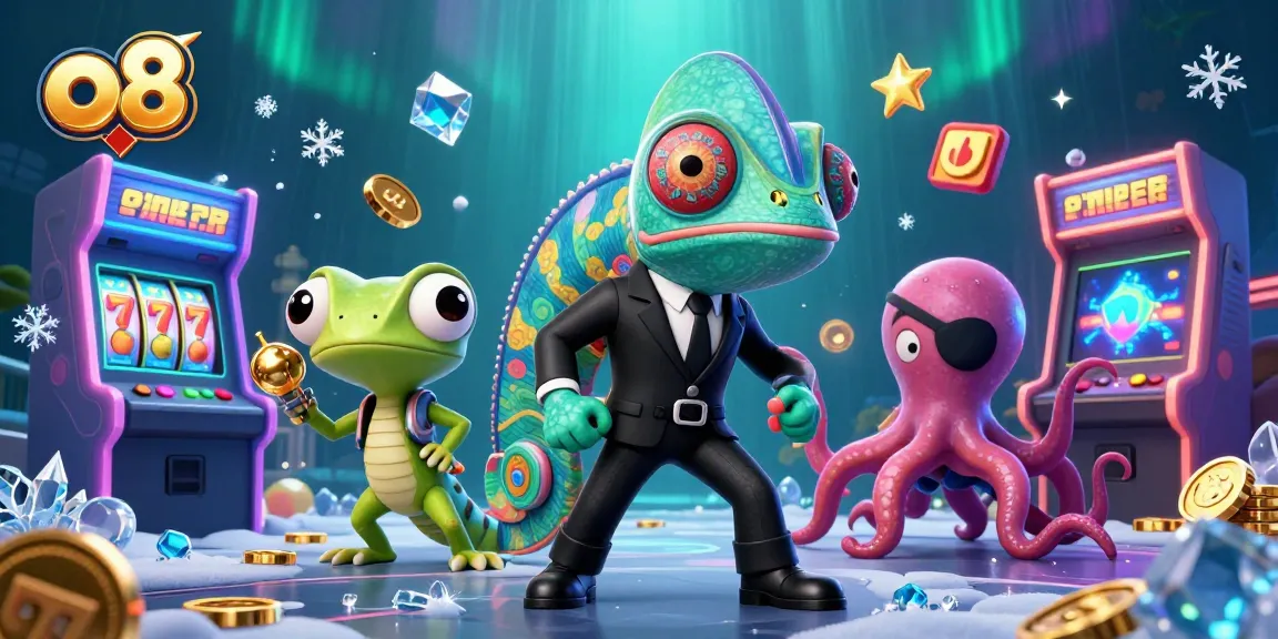 Experience thrilling gaming adventures with o8 as the chameleon agent, gecko, and octopus navigate vibrant casino elements.