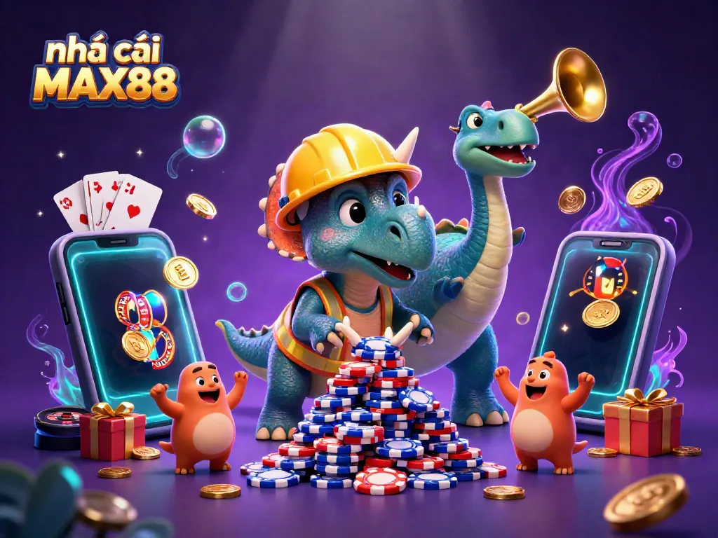 Experience the exciting world of nhà cái MAX88 featuring a triceratops building poker chips surrounded by vibrant casino symbols.