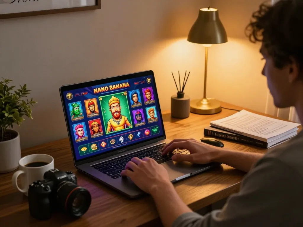 Person engaging with caricature Chatgpt on laptop in a cozy home gaming setup