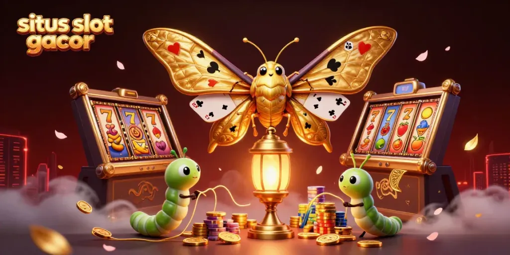 Menyusun strategi situs slot gacor dengan simbol keberuntungan dari mesin slot, dikelilingi karakter kasino dan elemen warna-warni.