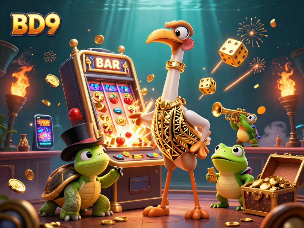 Engage with BD9's vibrant casino atmosphere featuring colorful characters and dynamic gaming action.