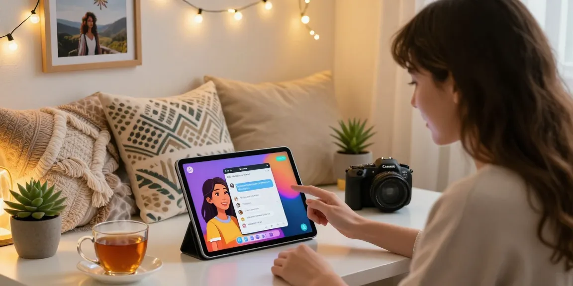 Cozy workspace showcasing a person chatting with her AI girlfriend on a tablet, warm ambiance.