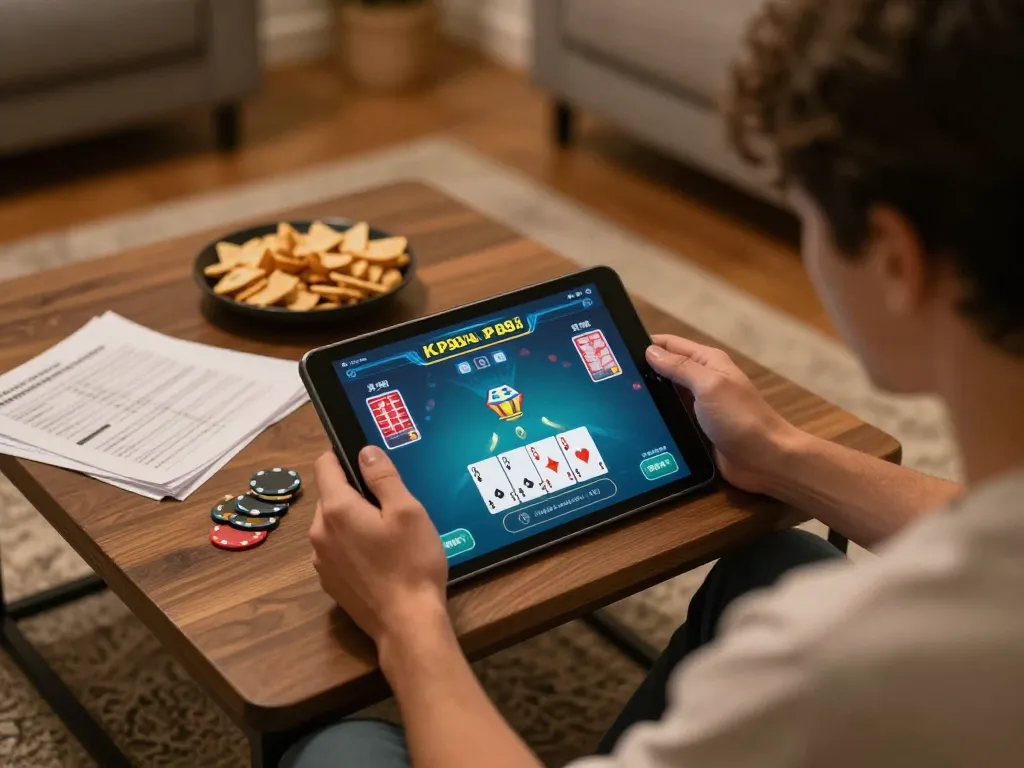 Engaging in a kp88 game while strategizing with notes in a cozy home setup.