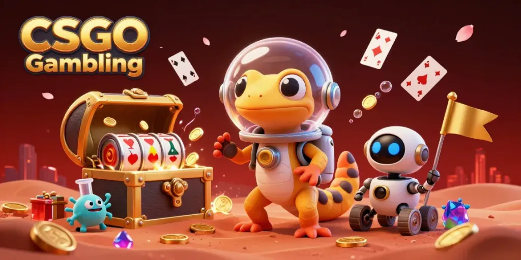 Engage in CSGO Gambling with a colorful illustration of a Martian gecko and robot exploring a casino.