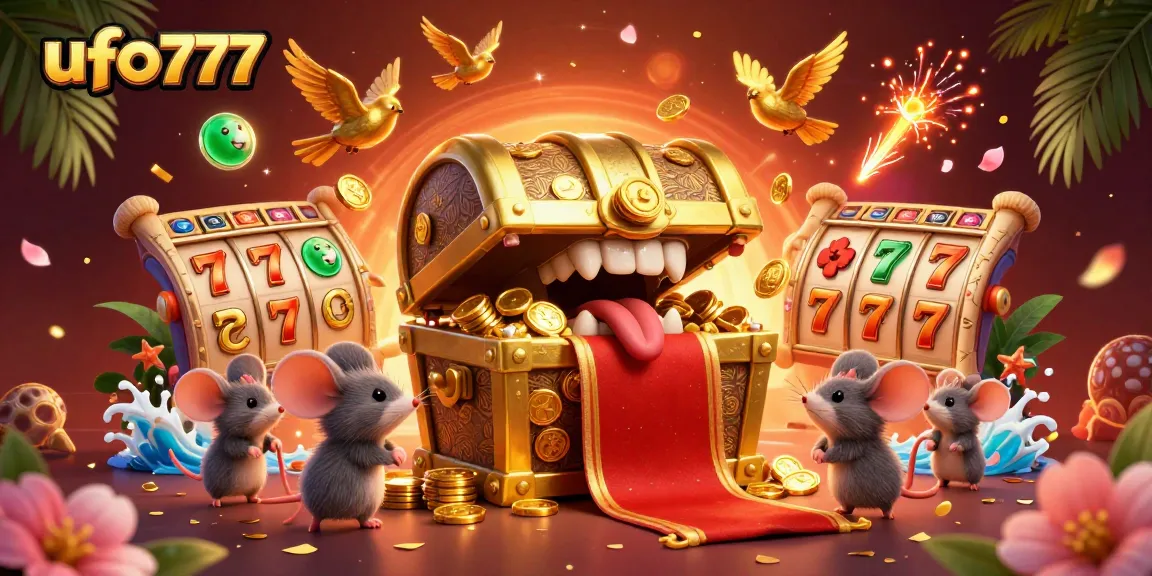 Engage with ufo777's vibrant casino adventure featuring a treasure chest lure and slot elements.