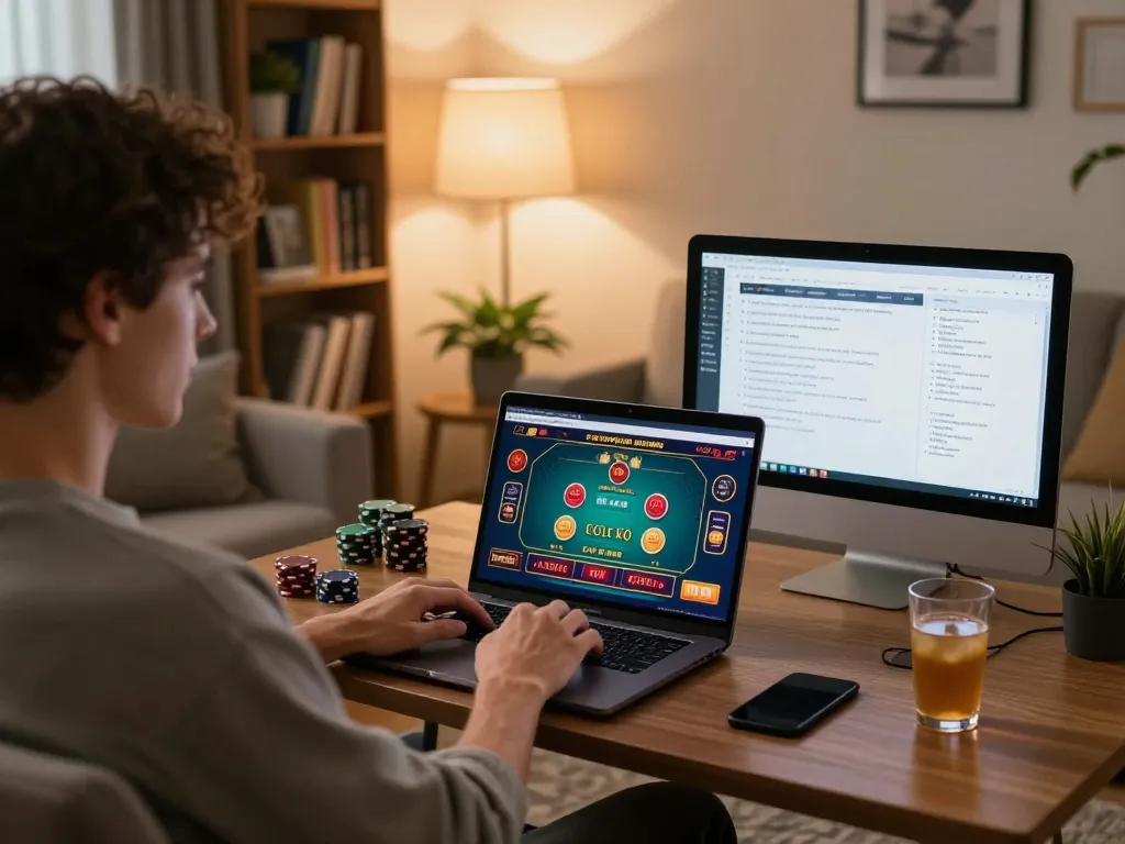 Engaging online casino gaming session at home with nk88 on laptop, highlighting strategic gameplay.