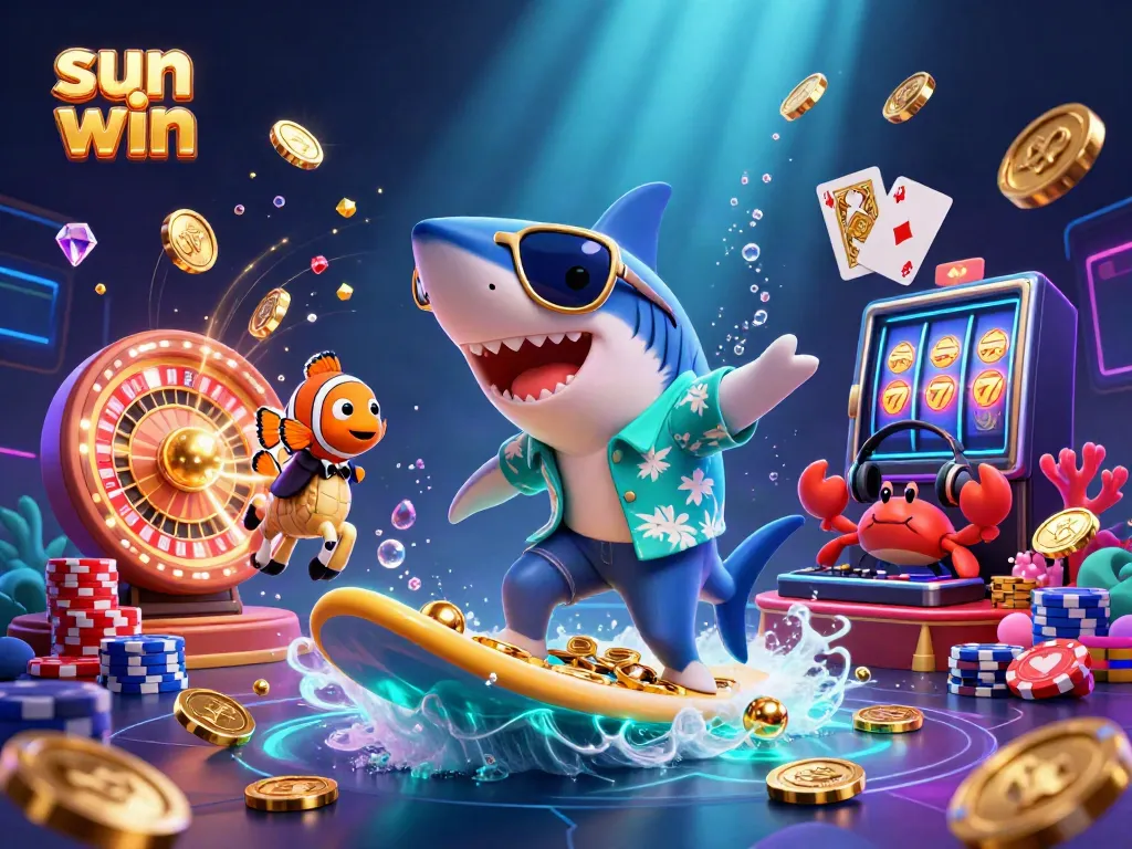 Experience the thrill of sun win with colorful characters surfing on gold coins amidst dynamic casino elements.