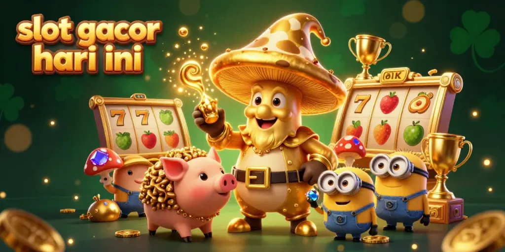 Visual slot gacor hari ini menampilkan karakter ajaib dengan keberuntungan jackpot dan simbol slot yang menarik.