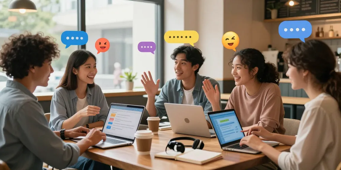 Engaging scene of friends enjoying ai spicy chat interactions in a cozy virtual café setting.