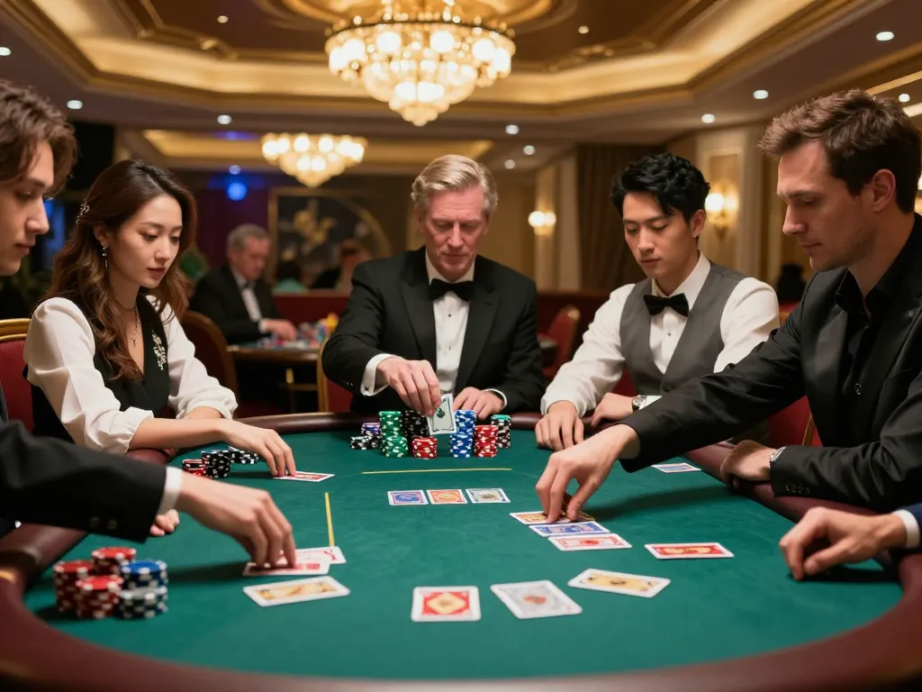 High-stakes players strategizing at 98win poker table, showcasing vibrant gameplay atmosphere