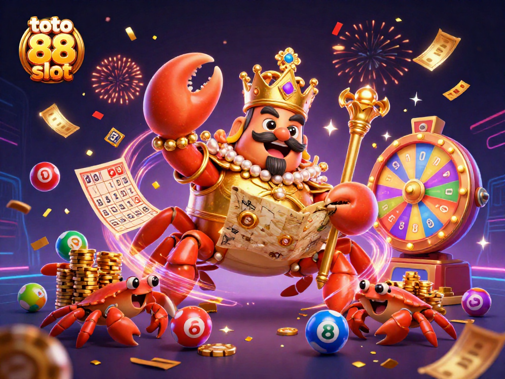Experience the excitement of toto 88 slot with colorful elements and a golden crab emperor surrounded by dynamic lottery features.