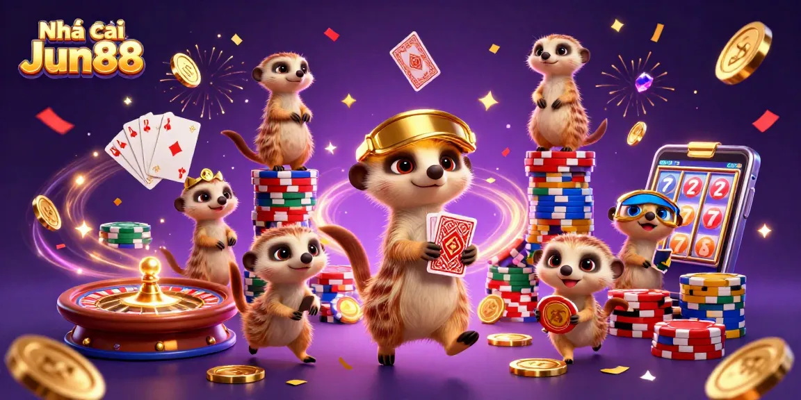 Engage in thrilling experiences at Nhà cái Jun88 with a vibrant 3D casino scene featuring playful meerkats.